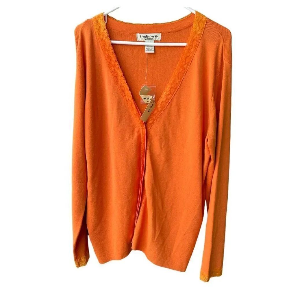 NWT Linda Lucia size 1X button front lace trimmed cardigan.